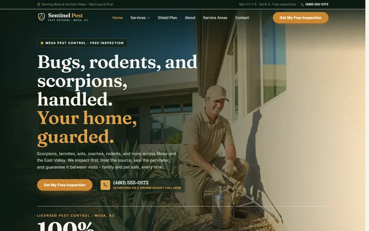 Pest Control website example - Sentinel Pest Defense home page