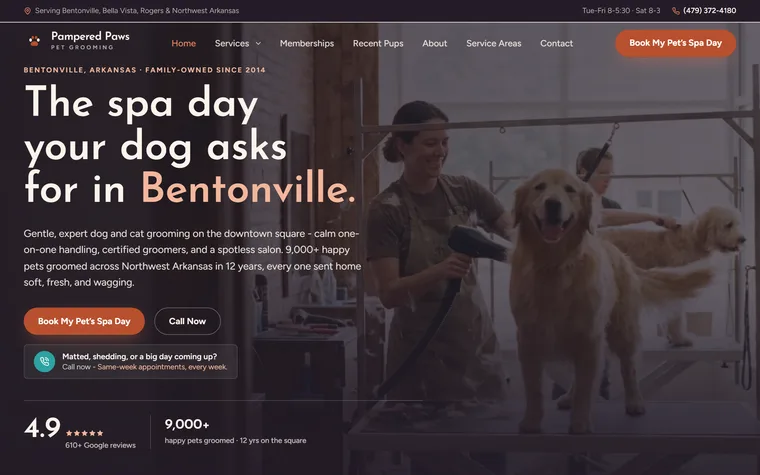 Pet Grooming website example - Pampered Paws Pet Grooming home page