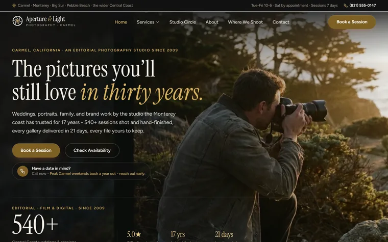 Photography Studio website example - Aperture & Light Photography home page