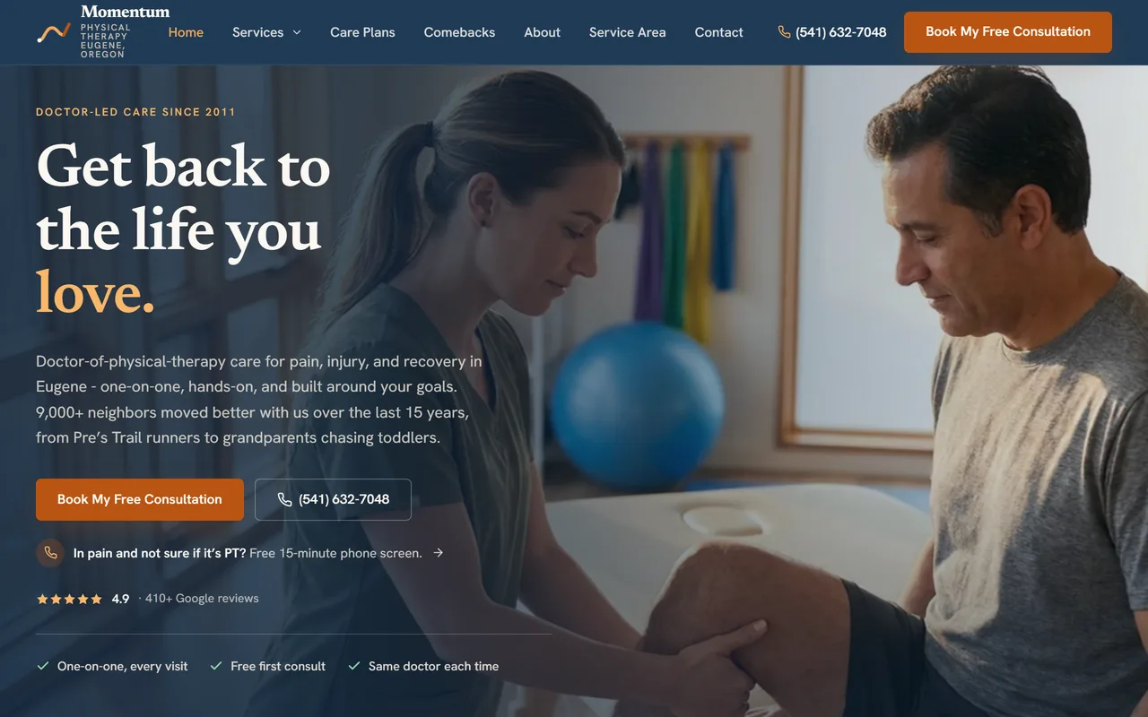Physical Therapy website example - Momentum Physical Therapy home page