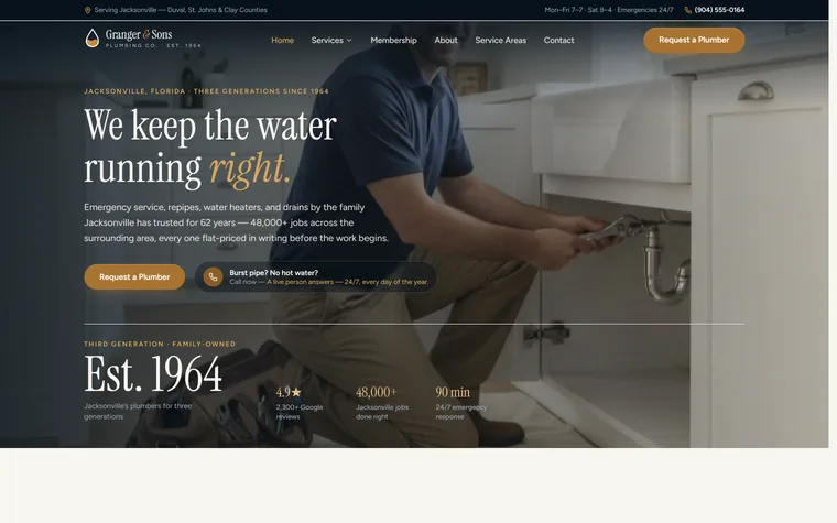 Plumbing website example - Granger & Sons Plumbing Co. home page
