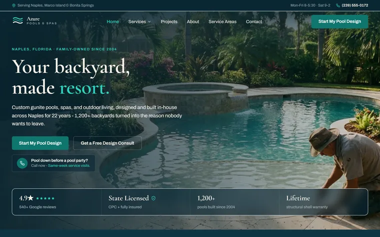 Pool Design & Construction website example - Azure Pools & Spas home page