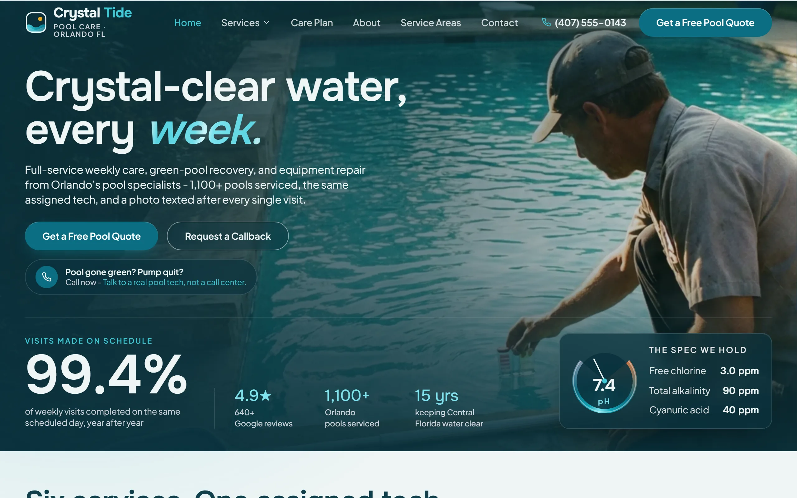 Pool Service & Cleaning website example - Crystal Tide Pool Care home page