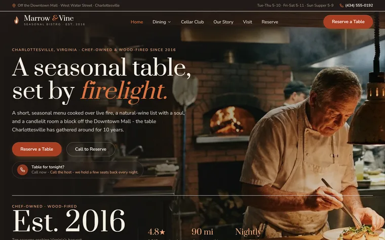 Restaurant website example - Marrow & Vine home page