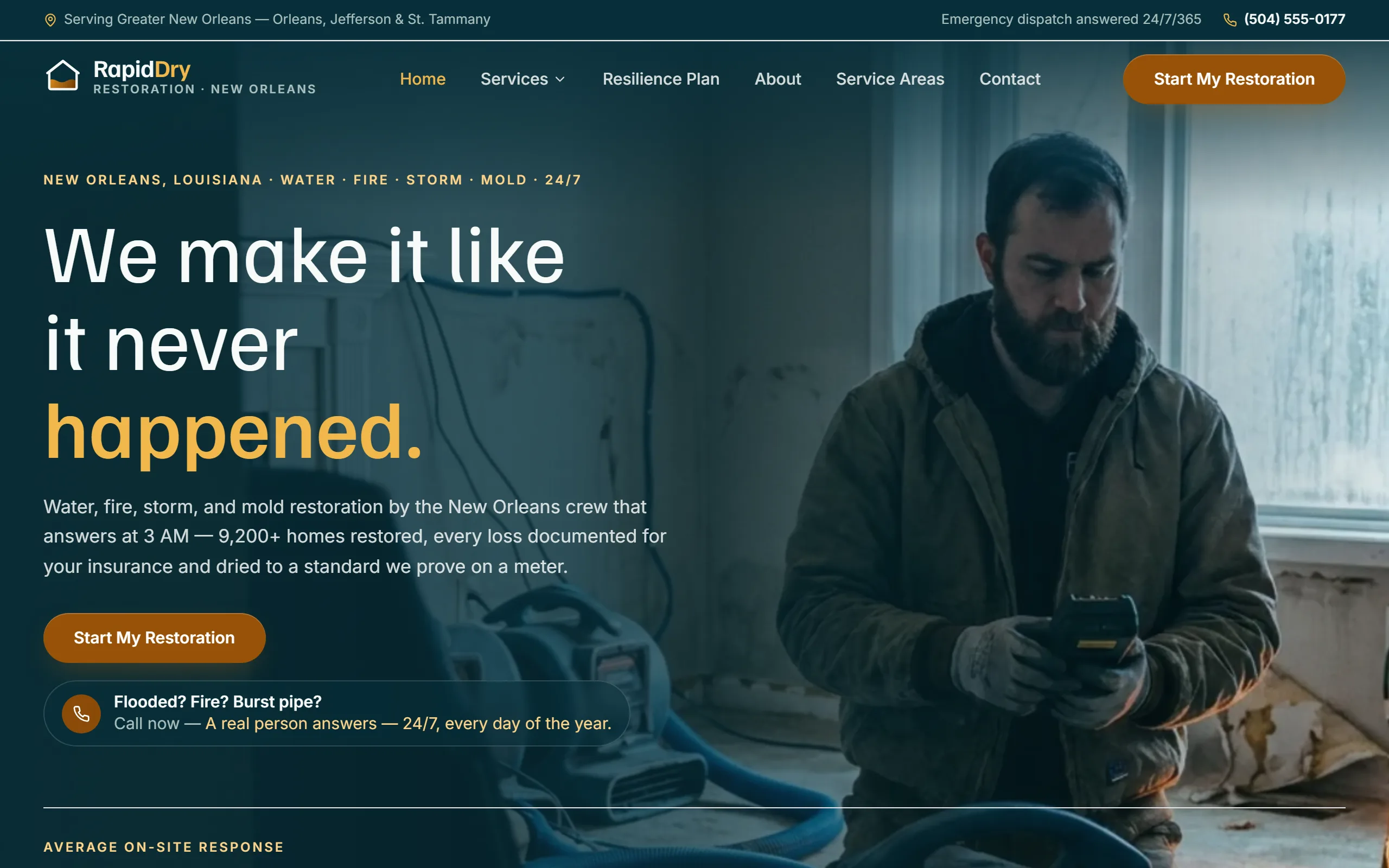 Water & Fire Damage Restoration website example - RapidDry Restoration home page