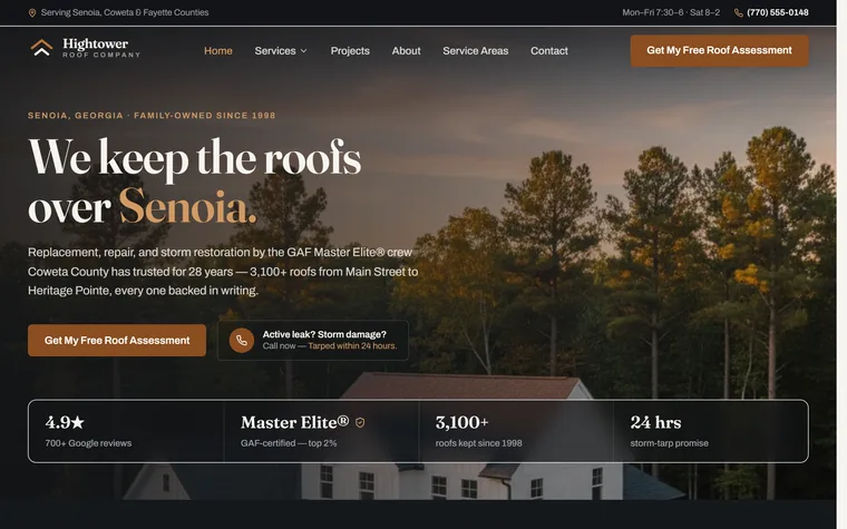 Roofing website example - Hightower Roof Company home page