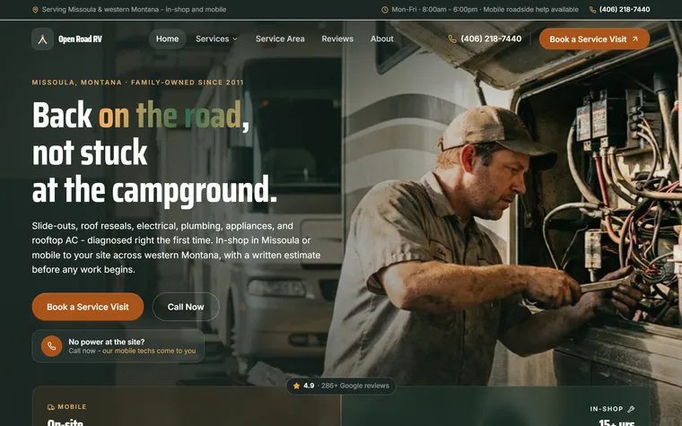 RV Repair & Service website example - Open Road RV Service home page