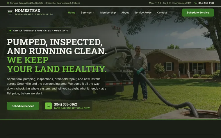Septic Tank Service website example - Homestead Septic Co. home page