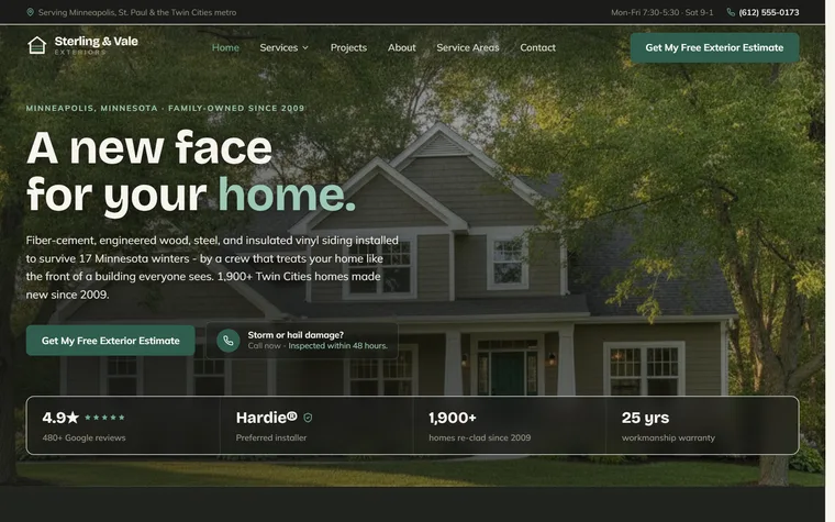 Siding website example - Sterling & Vale Exteriors home page
