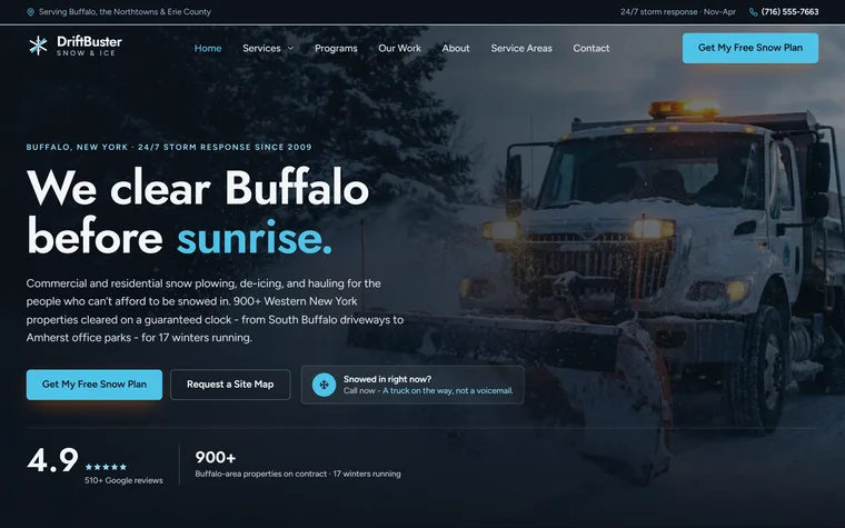Snow & Ice Removal website example - DriftBuster Snow & Ice home page