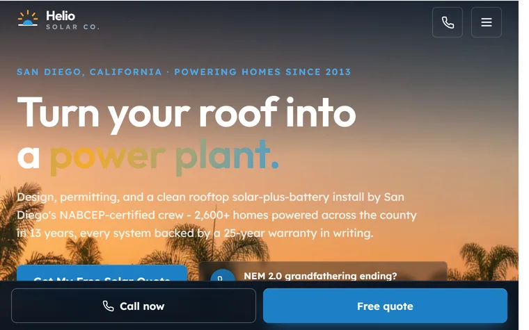 Solar Panel Installation website example - Helio Solar Co. home page