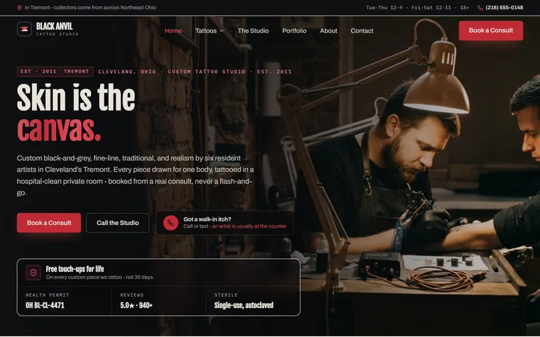 Tattoo Studio website example - Black Anvil Tattoo home page