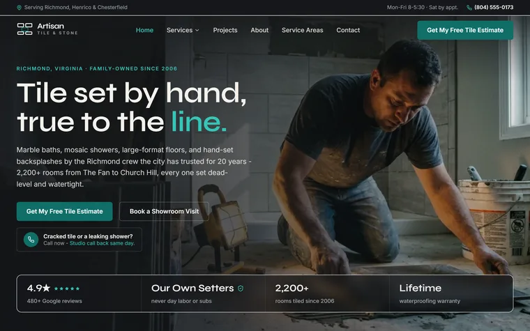 Tile Installation website example - Artisan Tile & Stone home page