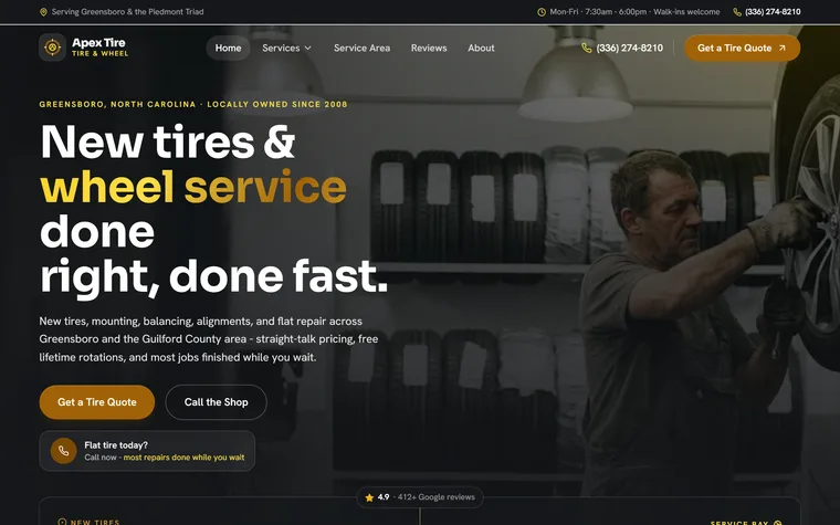 Tire Shop & Wheel Service website example - Apex Tire & Wheel home page