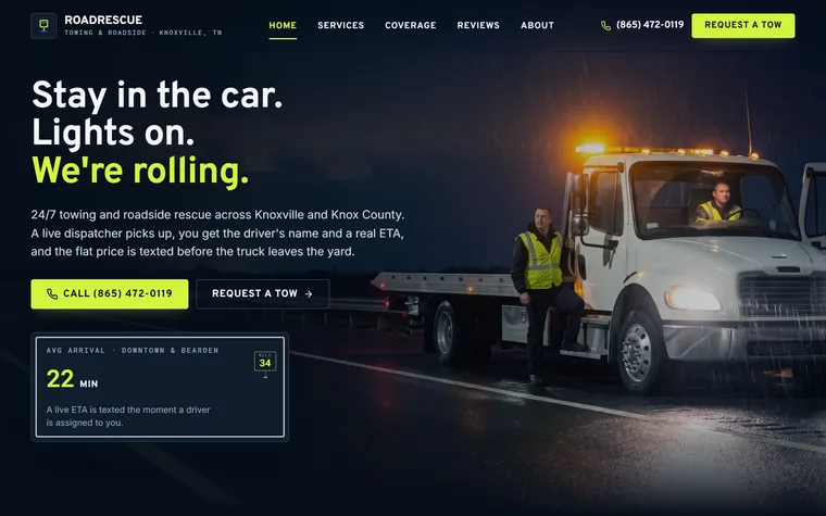 Towing & Roadside Assistance website example - RoadRescue Towing home page