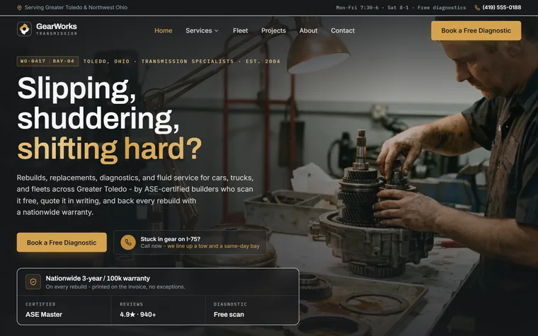 Transmission Repair website example - GearWorks Transmission home page