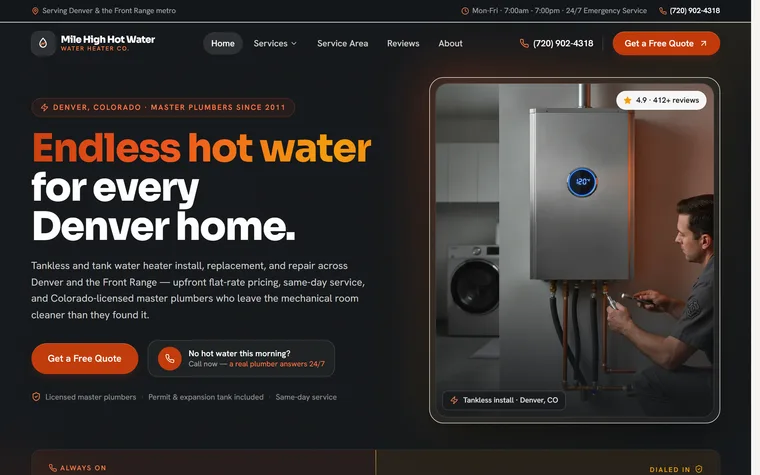 Water Heater Services website example - Mile High Hot Water Co. home page