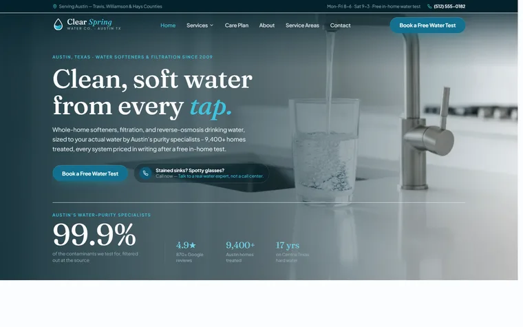 Water Treatment & Water Softeners website example - Clear Spring Water Co. home page