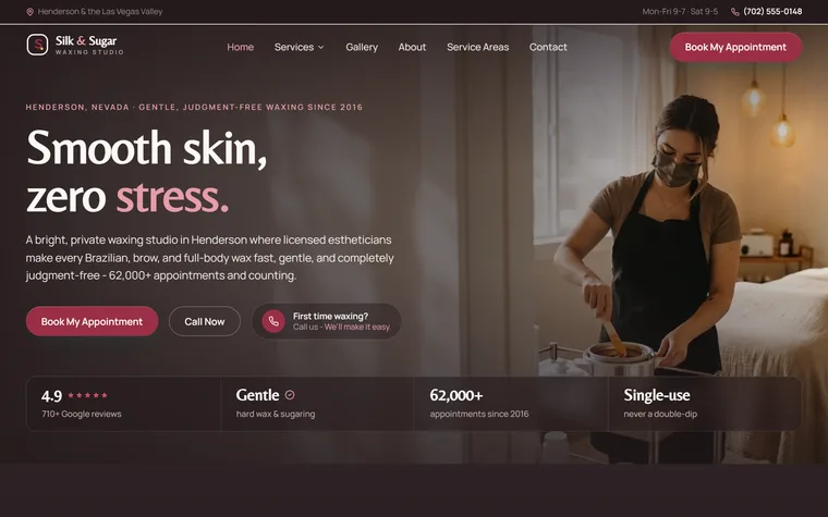 Waxing & Hair Removal website example - Silk & Sugar Waxing Studio home page