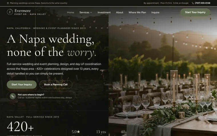 Wedding & Event Planning website example - Evermore Event Co. home page