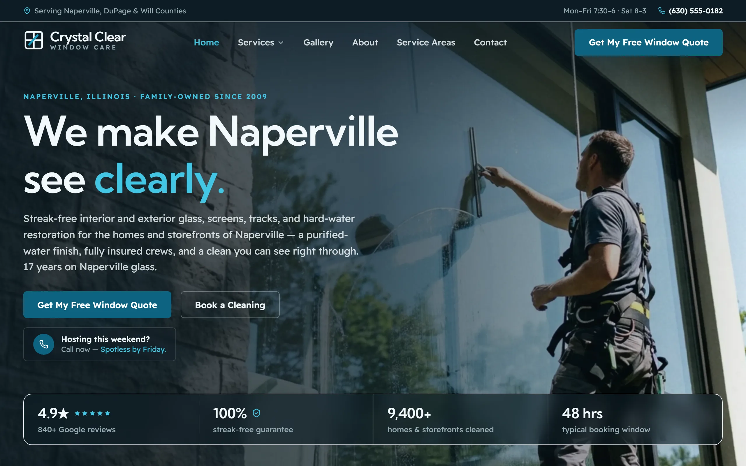 Window Cleaning website example - Crystal Clear Window Care home page