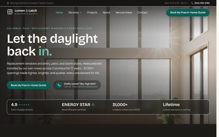 Windows & Doors website example - Lumen & Latch home page