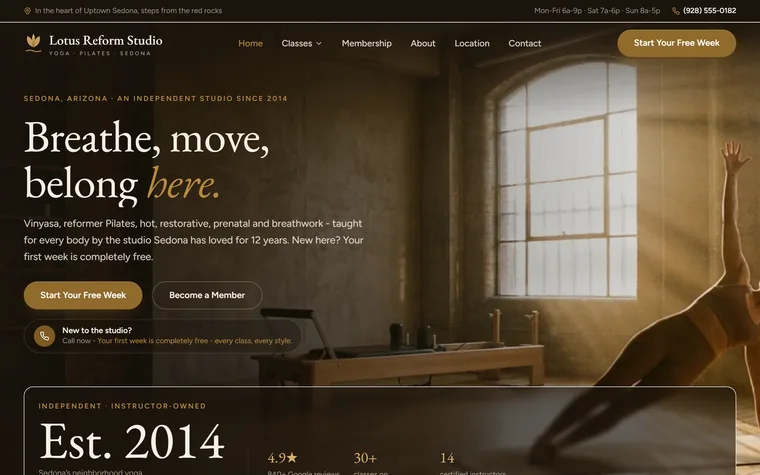 Yoga & Pilates Studio website example - Lotus & Reform home page